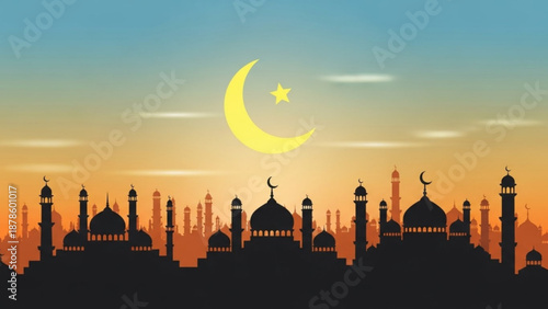 Islamic Mosque Silhouette with Crescent Moon and Star against Sunset Sky