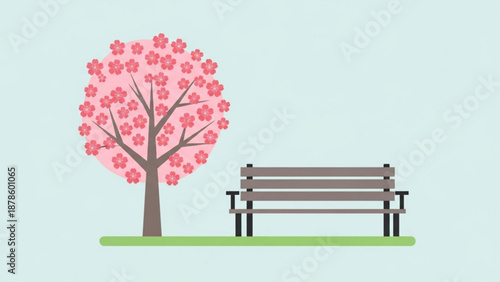 Cherry Blossom Tree with Bench on Green Lawn during Spring