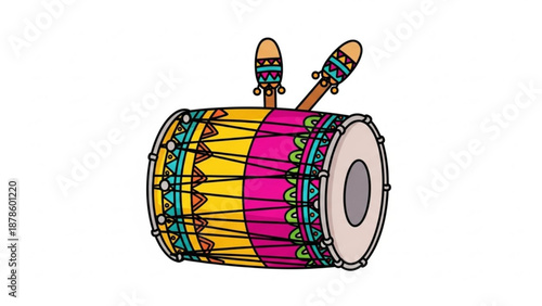 Colorful Dholak Drum Illustration with Mallets Isolated on White Background