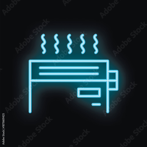 Blue neon icon of an electric heater glowing on a black background