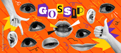 Collage of gossip. Retro halftone news. Newspaper eyes and lips. Ear listening. Hand gesture of vintage dots. Naive doodle banner. Color y2k fashion design. Vector elements for social garish network
