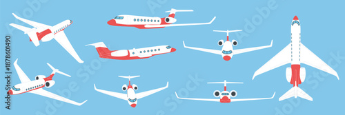 Airliner in flight set. Aeroplane position of flying jet. Business air transport, viewed from above. Aircraft front angle. Vector passenger service in sky, cartoon flat style isolated illustration