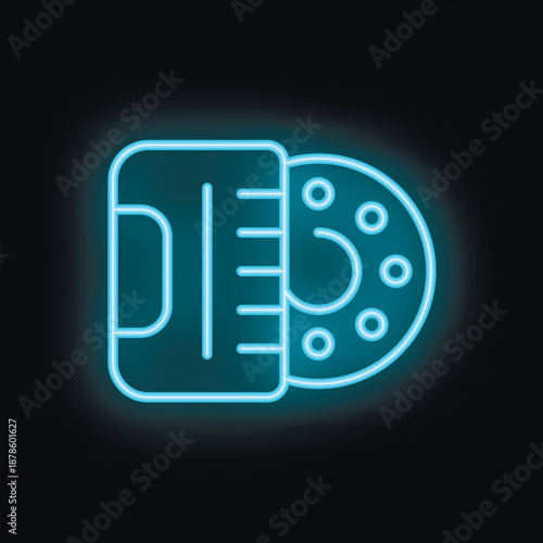 Glowing blue neon icon representing a car brake system with a visible brake pad and disc