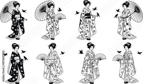 Set of traditional Japanese geisha women silhouettes, wearing floral kimono, holding umbrella and fans, vector illustration in black and white style, featuring flying birds
