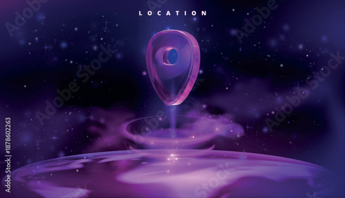 Location map. Glass place icon. Glowing point in space. Technological neon address design. AI GPS navigation. Destination pin. Delivery or travel galaxy pointer. Vector 3D realistic exact background