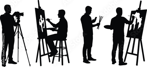 Set of vector silhouettes showing creative people, photographer with camera tripod, artists painting on canvas easels with brushes, isolated on white background for design.