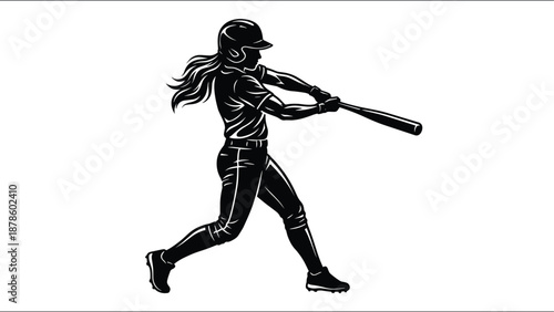 Female baseball player batting silhouette action, woman athlete swinging bat black vector illustration isolated white background