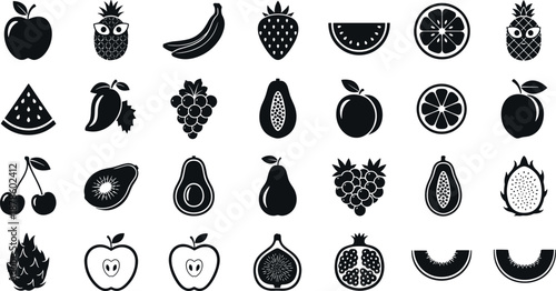 Large set of black fruit icons and slices including apple banana strawberry watermelon mango grapes papaya pear avocado and dragonfruit