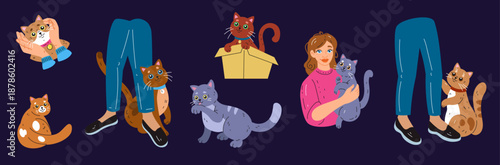 Cat pet. Cute kitten, friendly feline. Lying belly up, relax purr, lazy animal. Expression happy character. Kitty rub against people. Sticker flat style collection. Vector tidy cartoon isolated set