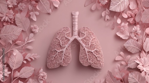 Intricate Sculpture of Lungs Surrounded by Organic Leaf Designs