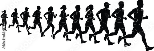 Group of runners silhouette sequence, men and women jogging marathon fitness training black vector illustration isolated