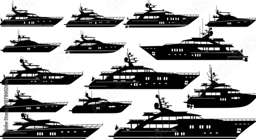 Luxury Motor Yacht Silhouettes Collection Set of Modern Boat Side View Profiles for Marine Industry Nautical Design and Ship Illustration