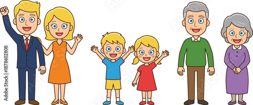 Happy family cartoon illustration parents children grandparents waving smiling together isolated on white background colorful vector art