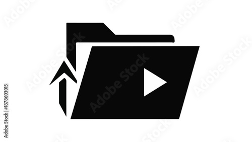 Black folder with play button and upward arrow emerging, representing video content or media play concept in modern illustration style