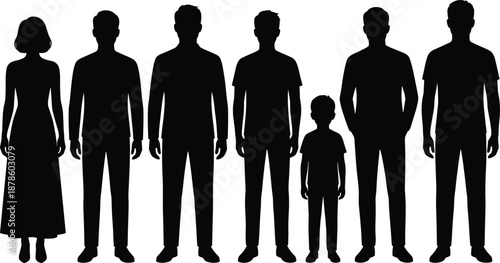 People standing silhouette size comparison set, adults and child height difference black vector illustration isolated white background