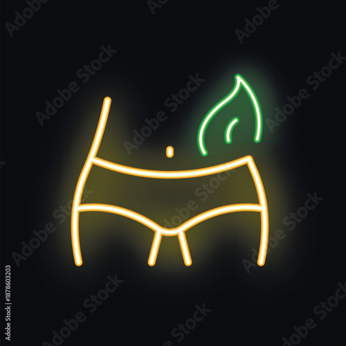 Neon sign depicting a woman body with a green leaf growing from it, suggesting a detox program