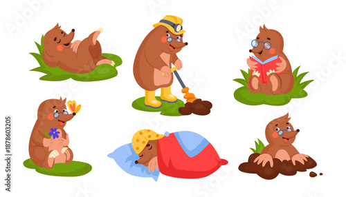 Mole in hole. Child character. Happy animal talisman for baby. Cute blind pet. Wildlife mascot set, smiling mammal different expressions and movement. Funny cartoon flat isolated tidy illustration