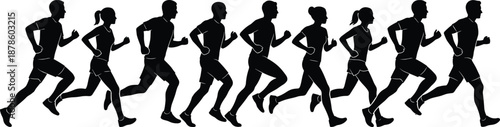 Running people silhouette set, marathon athletes jogging fitness motion black vector illustration isolated white background sport endurance concept