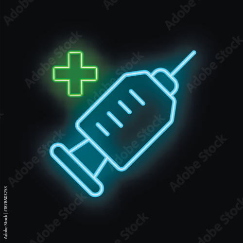 Glowing neon syringe with a green medical cross, ideal for themes of healthcare, medicine, and vaccination