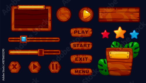 Wooden UI. Game rustic interface. Cartoon button. Panel menu. Plank icon. Banner frame design. Play and stop timber signs. Indicator bar. Log box. GUI wood board. Vector gaming tidy asset elements set