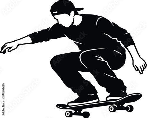 Skateboarder performing jump trick silhouette, urban street skateboarding action black vector illustration isolated white background