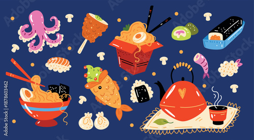 Sushi roll with salmon. Asian ramen. Japanese food. Korean spicy street noodles. Chinese cuisine. Octopus and shrimp sashimi. Chicken rice. Fast food menu. Vector restaurant cartoon tidy stickers set
