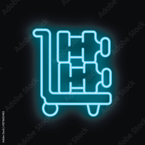 Neon glowing blue icon of a hand truck luggage cart on a black background