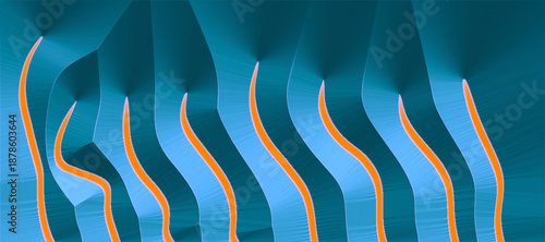 Abstract digital art with flowing wave-like patterns. Curved, vertical blue ribbons create
