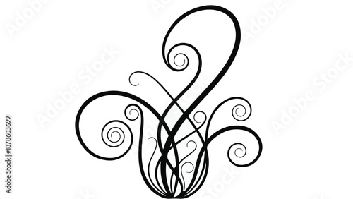 Elegant black swirling floral line art design on white background, modern minimalist decorative illustration for creative projects and artistic inspiration