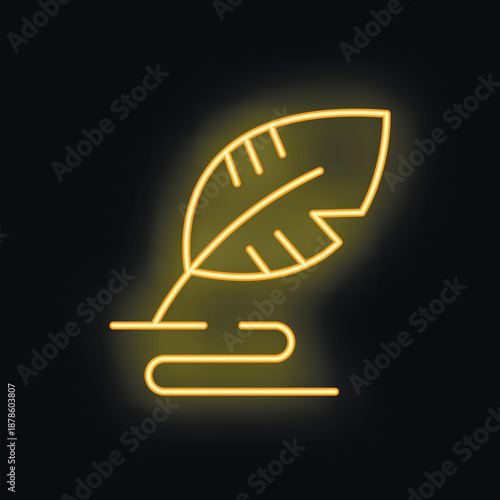 Neon feather pen is writing on a paper, representing the concept of creativity
