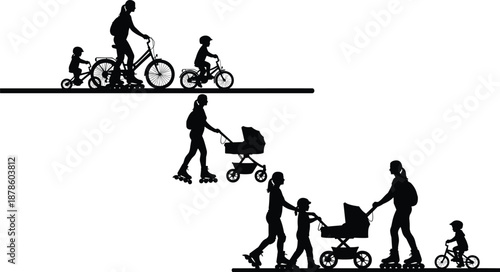 Vector silhouette set of active family, mother roller skating with baby stroller, child riding bicycle, woman cycling, healthy outdoor lifestyle sport illustration isolated on white.