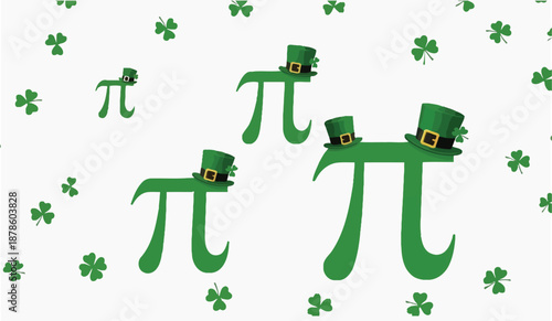 Pi symbols wearing green leprechaun hats with scattered shamrocks on a white background