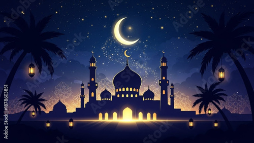 Islamic mosque silhouette under crescent moon and starry night sky traditional lanterns and palm trees Ramadan celebration co