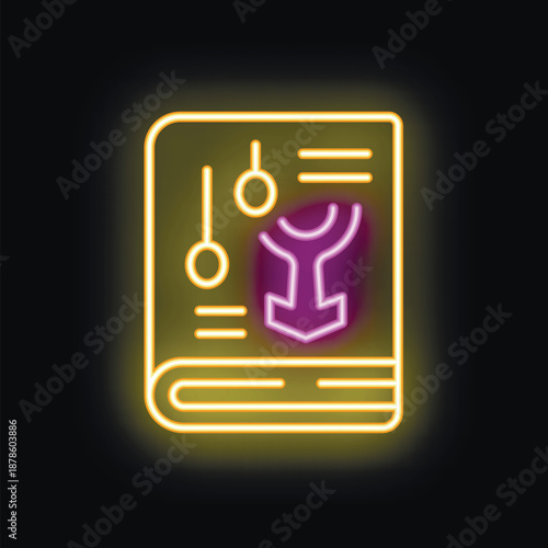 Neon sign showing a book with a rune symbol and pendulums, suggesting a concept of esoteric knowledge or divination