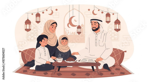 Muslim family celebrating Ramadan together enjoying a meal and conversation flat illustration for cultural events and holiday