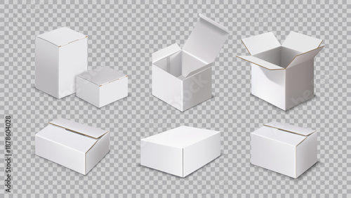 Box white. 3D mockup. Package square. Mailing gift case. Carton cardboard. Delivery shipping blank paper. Transportation realistic isolated open and closed packaging clean container. Vector template