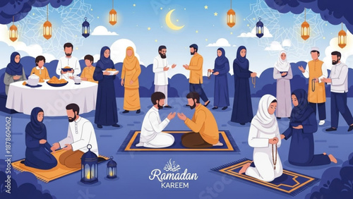 Ramadan Kareem illustration diverse Muslim families celebrating gathering for Iftar and prayer cultural event concept