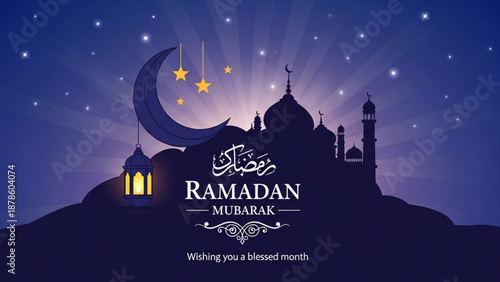 Ramadan Mubarak crescent moon and mosque silhouette Islamic greeting card design night sky with stars and lantern