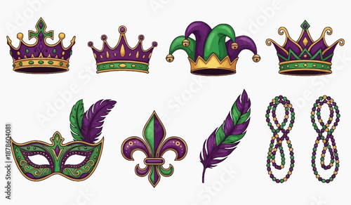 Colorful mardi gras elements including crowns masks feathers and fleur de lis