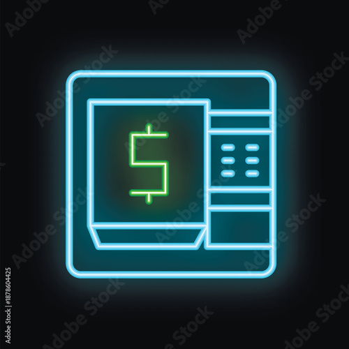 Bright neon atm sign with a green dollar symbol, perfect for any finance related design