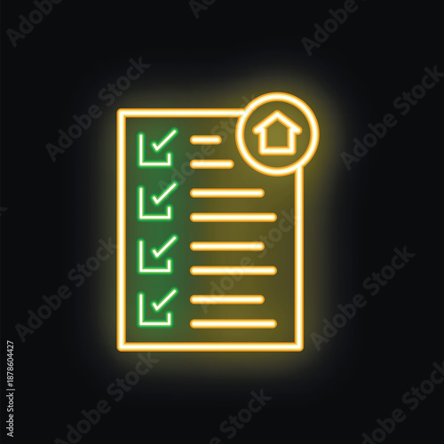 Neon house checklist icon glowing on black background representing real estate market analysis and property valuation