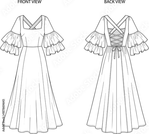 Women ruffle sleeve maxi dress technical fashion sketch front and back view lace up corset apparel vector illustration