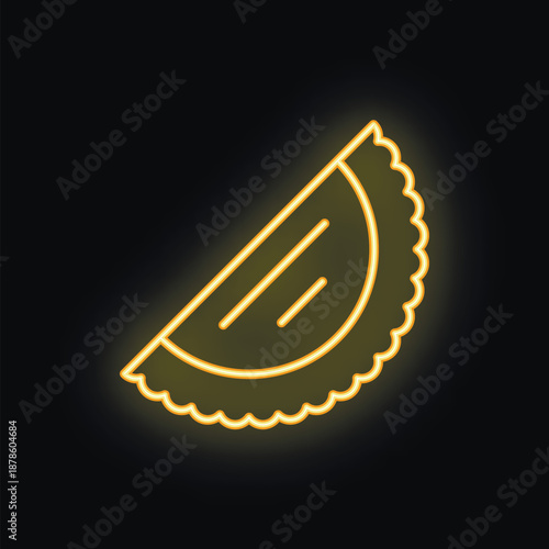Neon sign of a traditional argentinian empanada glowing on a black background