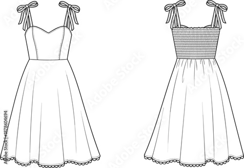 Women summer dress technical fashion sketch front back view bow straps elegant clothing isolated vector illustration