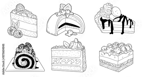 Hand drawn dessert. Vintage cake. Bakery doodles. Sweet food of cream and cake layers. Textured pastry. Birthday celebration. Rolls with berries, chocolate glaze, monochrome menu vector illustration