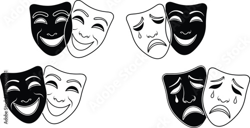 Comedy and tragedy masks universal symbol. Stage theatre comedy masks icon set. 
