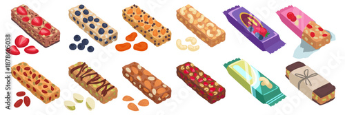 Granola bar. Muesli oats protein. Fitness food. Healthy snack wrappers. Chocolate candy for diet. Sweets packaging for sports energy nutrition. Cereal with dried fruits. Vector cartoon sticker set