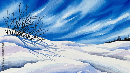 Winter Landscape Watercolor Painting of a Snowy Field with Bare Branches and Blue Sky
