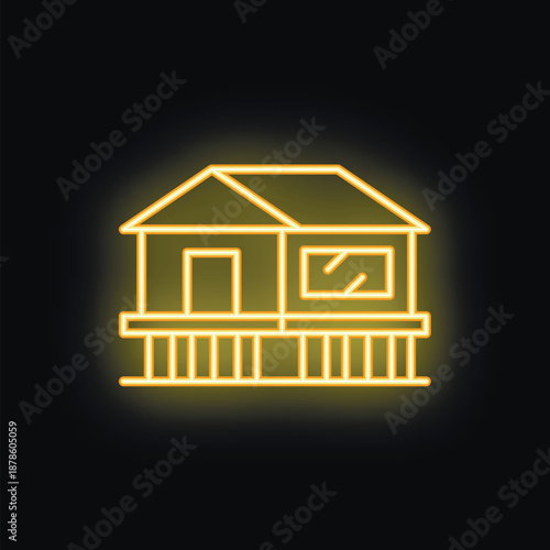 Golden neon icon of a bungalow house with a terrace on stilts, glowing on a black background