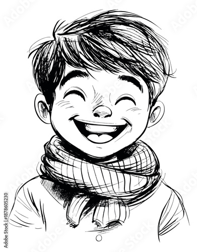 Hand drawn line art illustration of a young boy depicting a joyful expression for childhood themes